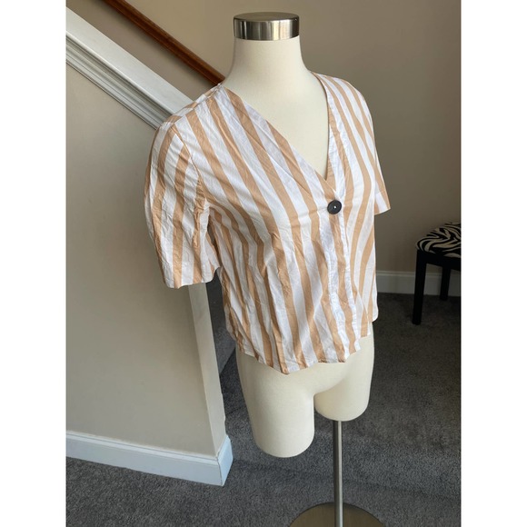Mango white/tan striped button down short sleeve shirt, size XS - Picture 2 of 12